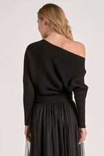 OFF SHOULDER RIB KNIT TOP-BLACK