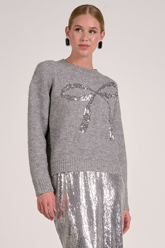 SILVER TINSEL BOW SWEATER