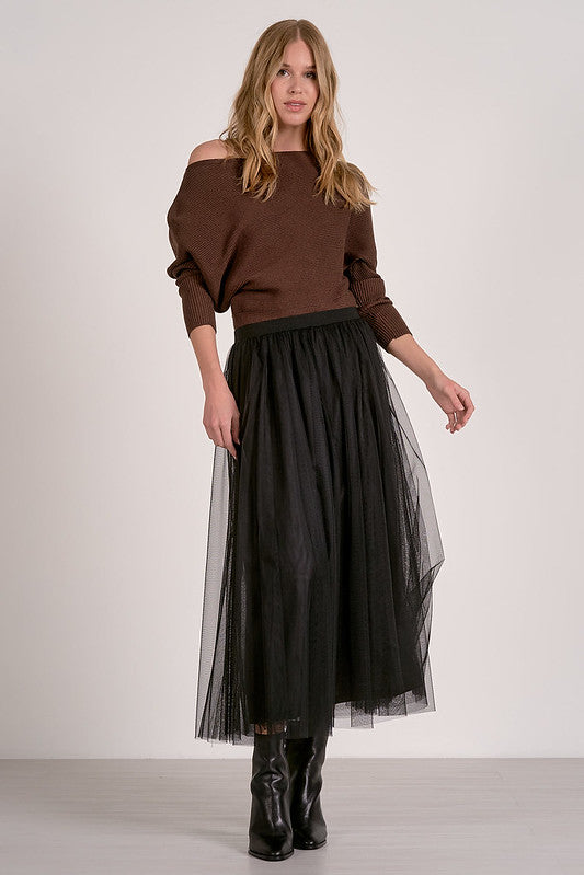 OFF SHOULDER RIB KNIT TOP-DARK CHOCOLATE