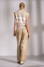 COLLARD KNIT TOP-BEIGE STRIPE