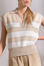 COLLARD KNIT TOP-BEIGE STRIPE