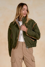 Quilted Jacket w/Corduroy Trim - Olive