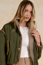 Quilted Jacket w/Corduroy Trim - Olive