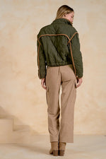 Quilted Jacket w/Corduroy Trim - Olive