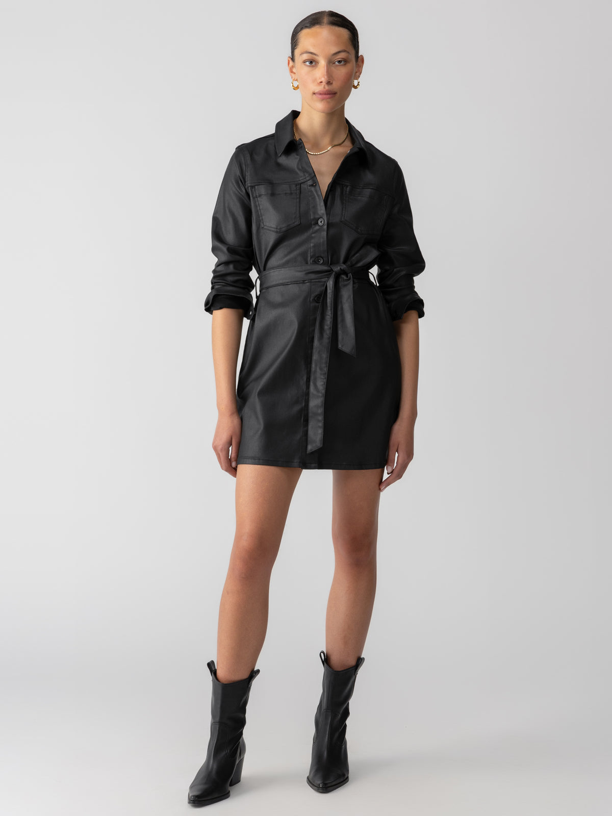 COATED DENIM DRESS - BLACK