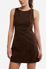 Free People Atlas Suede Mini dress in chocolate brown, sleeveless with round neck and A-line silhouette, front view on model