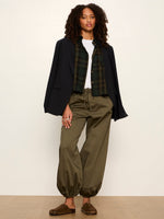 Sanctuary Autumn Edit Flannel in Forest Plaid worn by model, layered under navy blazer with olive cargo pants
