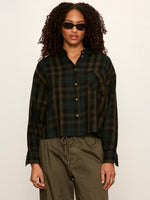 Sanctuary Autumn Edit Flannel in Forest Plaid — cropped oversized plaid shirt in dark green and black, front view on model
