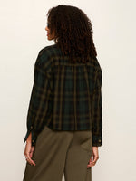 Sanctuary Autumn Edit Flannel in Forest Plaid — back view on model, dark green/black plaid, long sleeves, relaxed cropped fit
