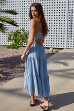 BY TOGETHER Striped Sleeveless Maxi Dress in blue and white, back view on model showing open back and tiered skirt