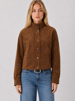 Z SUPPLY Corin Bubble Hem Jacket in Saddle Suede brown, snap-button front, mock neck, worn by model with blue jeans, front view