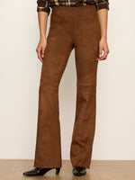 Sanctuary Sashay Legging in Cocoa Powder — brown suede flare-leg pants on model, front view, paired with plaid shirt and black kitten heels