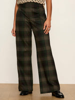 Sanctuary Relay Pull On Pant in Kalamata Plaid, wide-leg dark green and black tartan trousers, front view on model