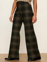 Sanctuary Relay Pull On Pant in Kalamata Plaid, dark green and brown tartan wide-leg trousers, front view on model