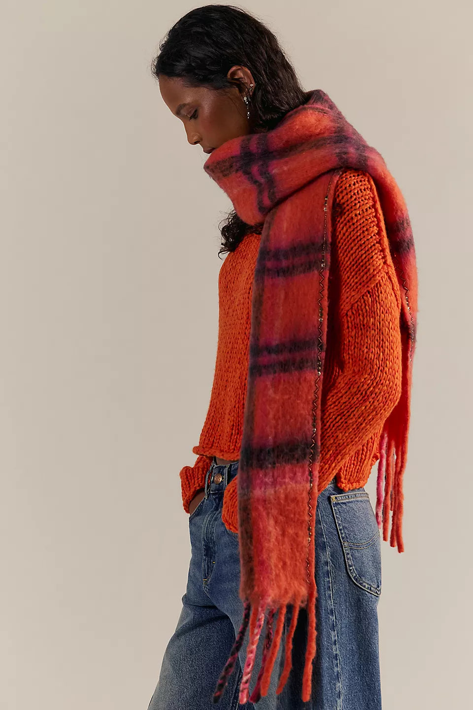 HIGHLAND PLAID SKINNY SCARF - PINK COMBO