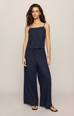 Z SUPPLY Lille Embroidered Woven Tank in Eclipse navy, styled with matching wide-leg pants, front view on model