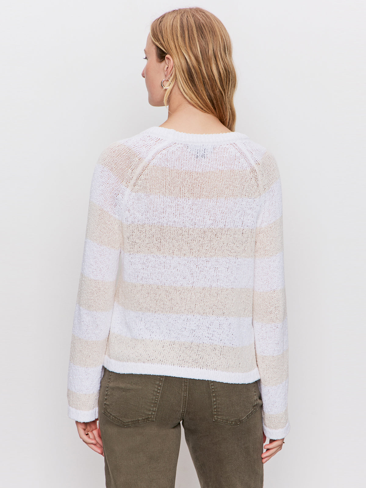 TEXTURED RAGLAN CREW PULLOVER - WHITE/LIGHT OAT STRIPE