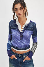 INDIE PRINTED CUFF HENLEY - INDIGO COMBO