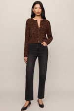 Z SUPPLY Medina Leopard Cardigan in Burnt Umber, worn by model with black straight-leg jeans and black flats, front view