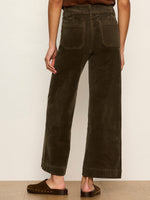 Sanctuary Chelsea Wide Leg corduroy pants in Kalamata olive green, back view on model, showing patch pockets and wide leg silhouette