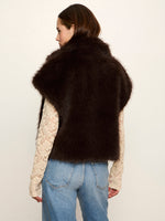 Sanctuary Silky Fur Vest in Espresso Martini dark brown, back view on model styled with cream lace top and blue jeans
