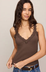 Z SUPPLY Eve Lace Tank in Cocoa Latte — model wearing brown ribbed cami with scalloped lace V-neckline and straps, front view