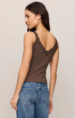 Z SUPPLY Eve Lace Tank in Cocoa Latte — back view on model, dark brown lace trim neckline and straps, paired with blue jeans