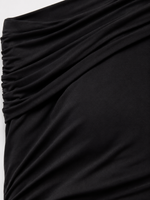 Steve Madden Ryder Knit Top close-up detail showing ruched black fabric with draped silhouette and smooth stretch texture