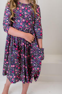 FLOWER FARM 3/4 SLEEVE POCKET TWIRL DRESS