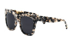 I SEA Billie sunglasses in Snow Tort with smoke polarized lenses, angled 3/4 view showing chunky white tortoise acetate frame