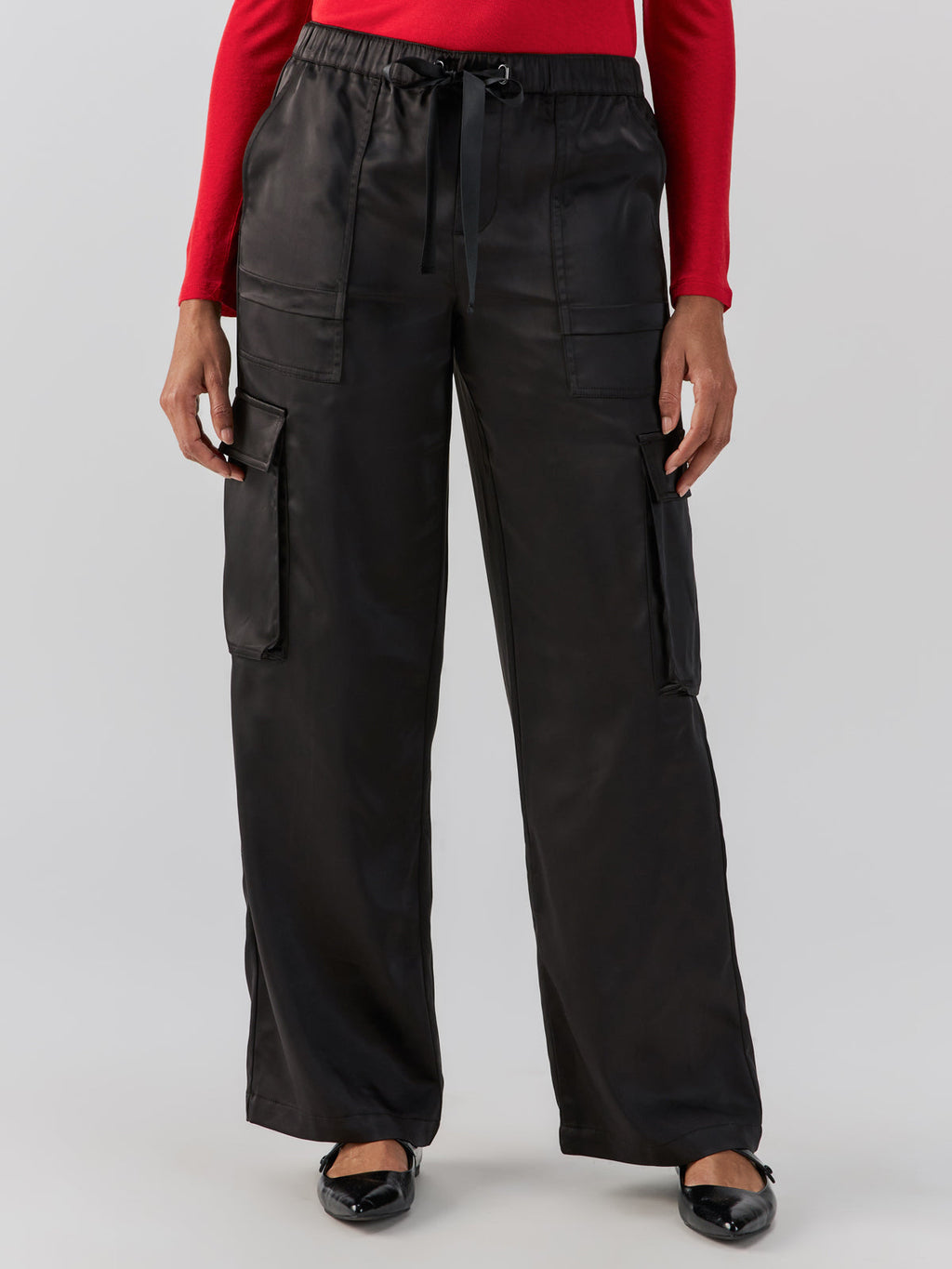 SATIN CARGO STANDARD RISE WIDE LEG PANT - BLACK