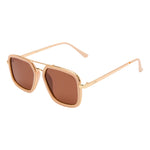 I-SEA Cruz sunglasses in cream and gold with brown polarized lenses, square aviator frame, angled side view