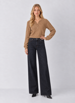 Z SUPPLY Westmont Henley Sweater in Golden Caramel worn by model with wide-leg dark jeans, front view showing henley buttons and raglan sleeves
