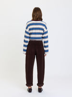 Daze Denim Villa Pant Drawstring Barrel Pant in Chocolate corduroy, back view on model with cuffed ankles