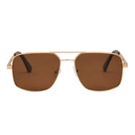 I SEA El Morro sunglasses, gold metal rectangular aviator frame with brown polarized lenses and tortoise temple tips, front view