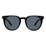 I-SEA Ella sunglasses in black with smoke polarized lenses, round frames, gold rivets, front view on white background