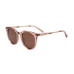 I-SEA Ella sunglasses in watermelon pink transparent frame with brown polarized lenses and gold metal temples, angled view