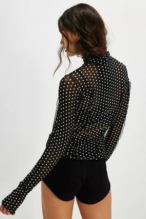 CHARLIE PRINTED MESH TOP BLACK DOT