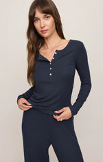 Z Supply Just Right Rib LS Top in Eclipse navy blue, ribbed henley with buttons, long sleeves, worn by model, front view.