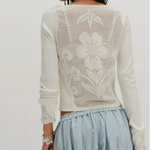 Free People Delilah Long Sleeve in Clean Ivory — back view on model showing intricate floral pointelle knit panel