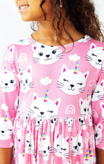 UNICORN KITTIES 3/4 SLEEVE POCKET TWIRL DRESS