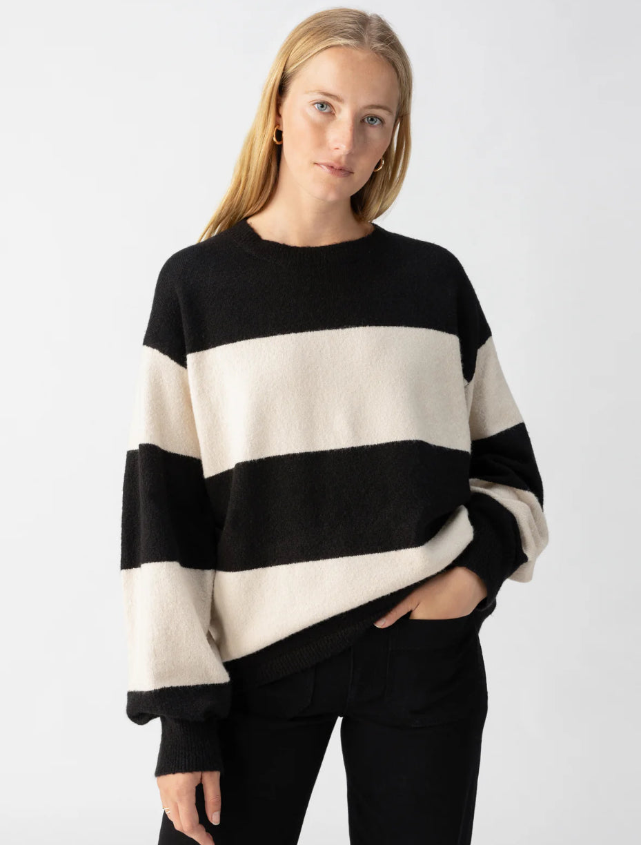 CUDDLE UP CREWNECK SWEATER-TOASTED ALMOND BLACK STRIPE