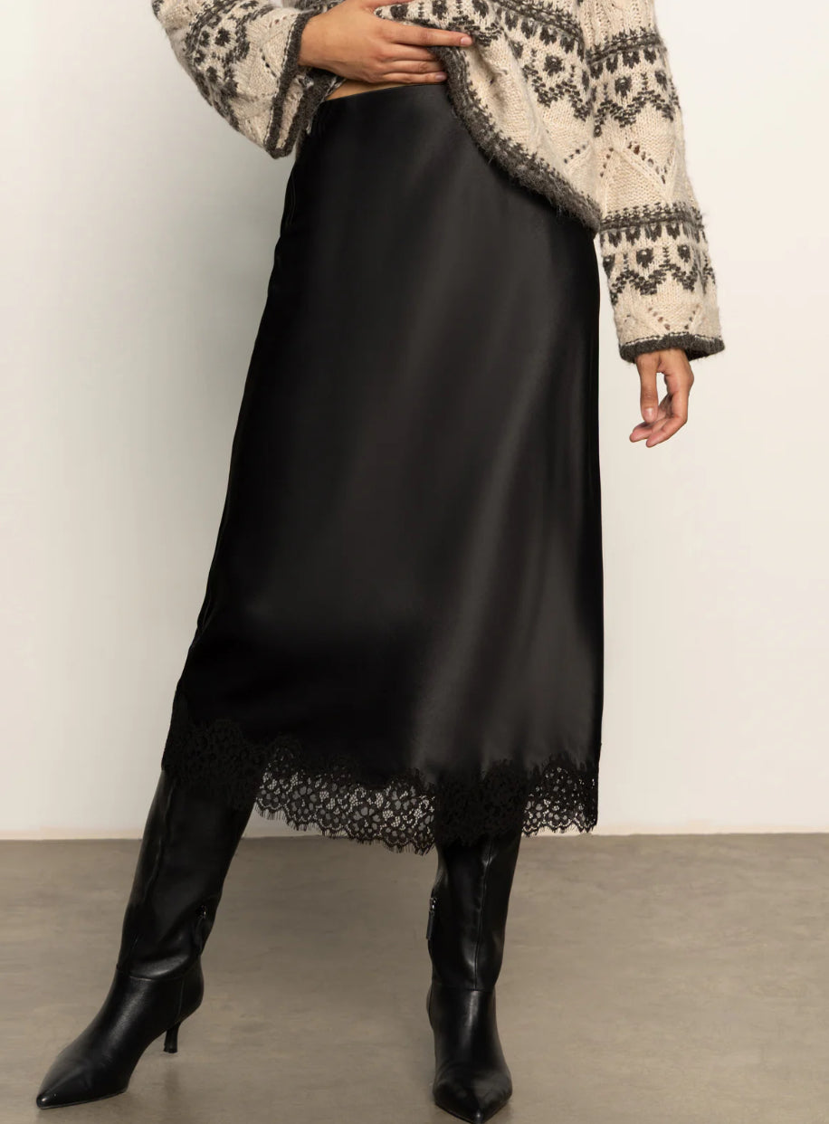 SLIP SKIRT WITH LACE-BLACK