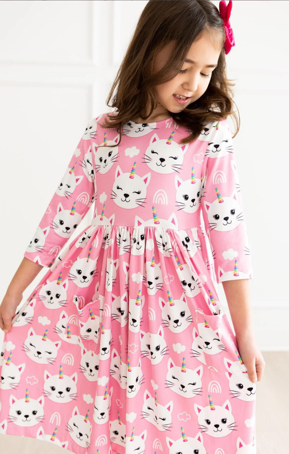 UNICORN KITTIES 3/4 SLEEVE POCKET TWIRL DRESS