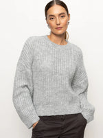 FUZZY VOLUME SLEEVE SWEATER-HEATHER GREY