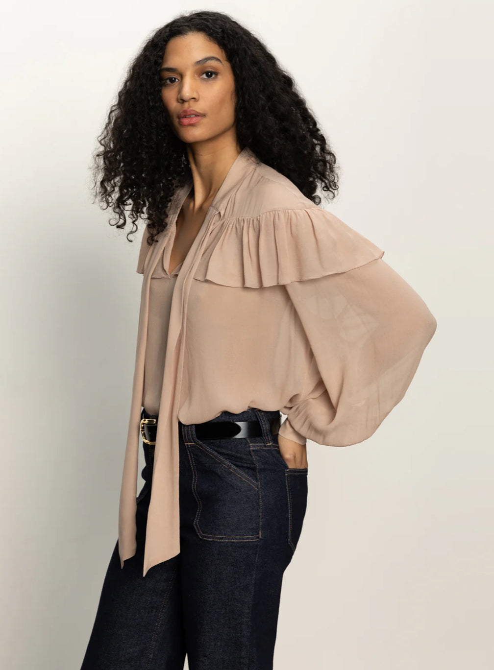 FADE INTO YOU RUFFLE BLOUSE-FAWN