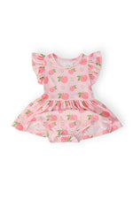Mila & Rose S/S Flutter Twirl Bodysuit in pink with peach print pattern, featuring ruffled sleeves and skirted bottom