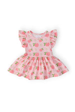 Mila & Rose S/S Flutter Twirl Bodysuit in pink with peach print pattern, featuring ruffled sleeves and flared skirt bottom
