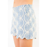 Embroidered Floral Scallop Hem Shorts - Blue