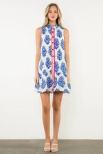 Sleeveless Collared Print Dress - White